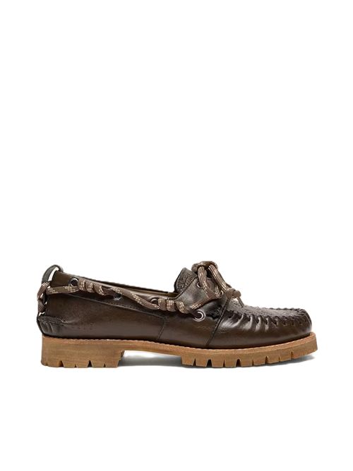 Mocassino Cruise donna in pelle verde scuro con laccio trekking color grigio tortora e trama floreale in rilievo Golden Goose | GWF01048.F008807.35567DARK GREEN